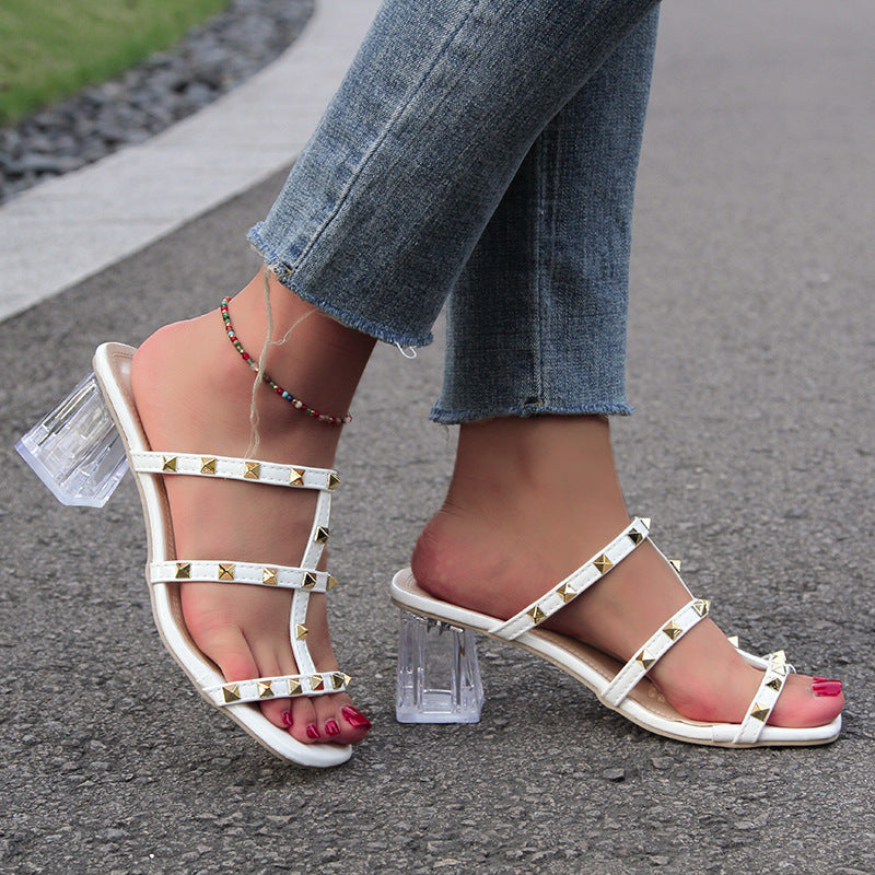 Square Toe Transparent Sandals With Rivet Design