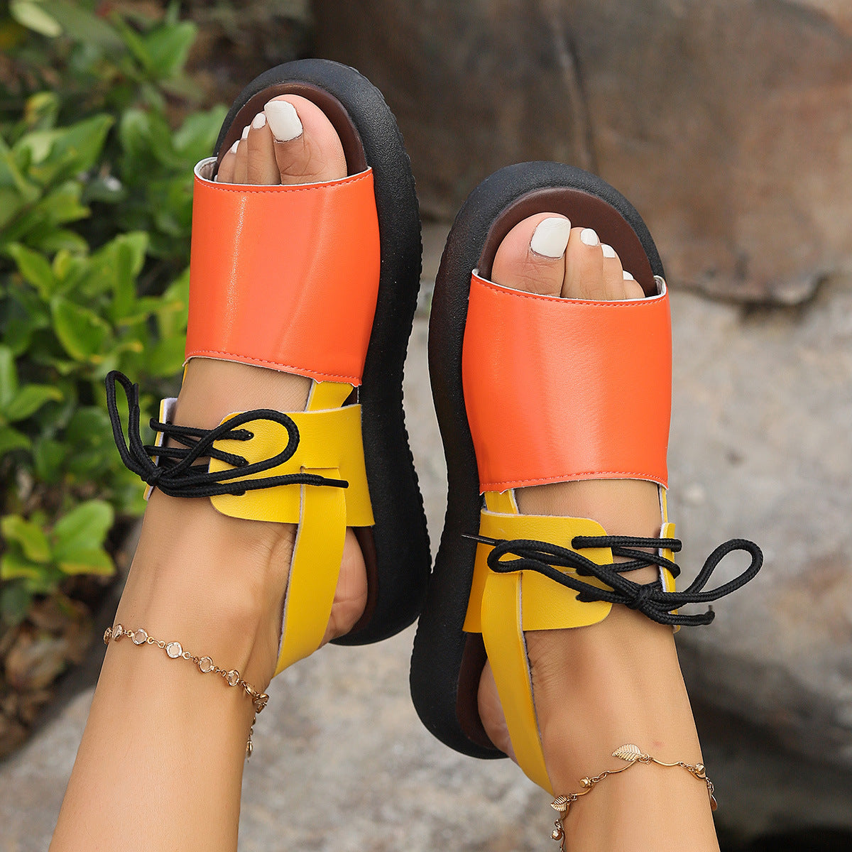Color-block Lace-up Roman Sandals