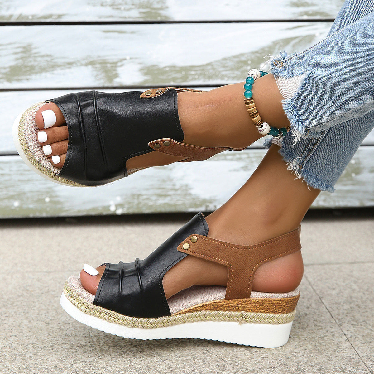 Fish Mouth Wedges Sandals With Straw Design Summer Peep Toe Buckle Beach Shoes For Women