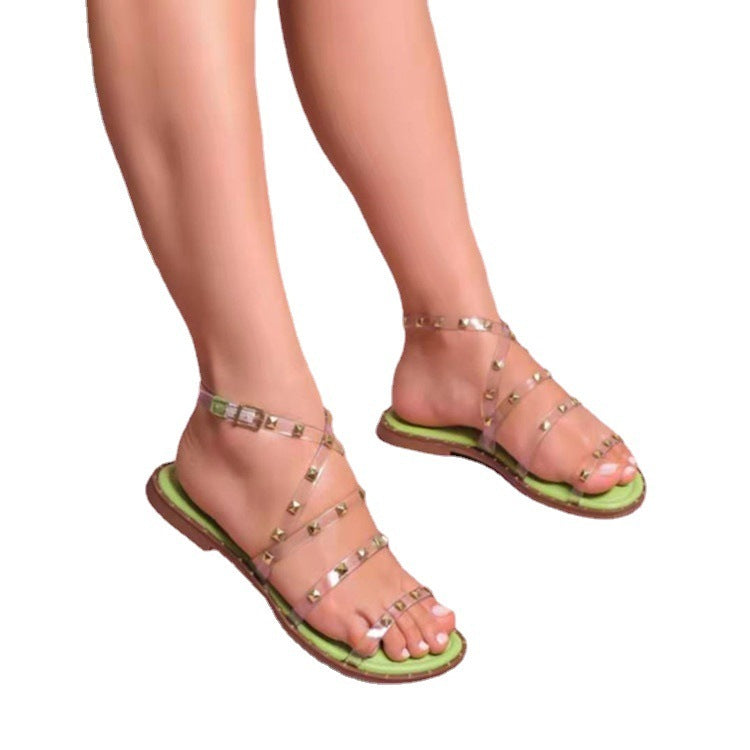 Foreign Trade Net Red Transparent Word Belt Sandals New Summer Rivet Roman Shoes Small Slope With High Heels Women