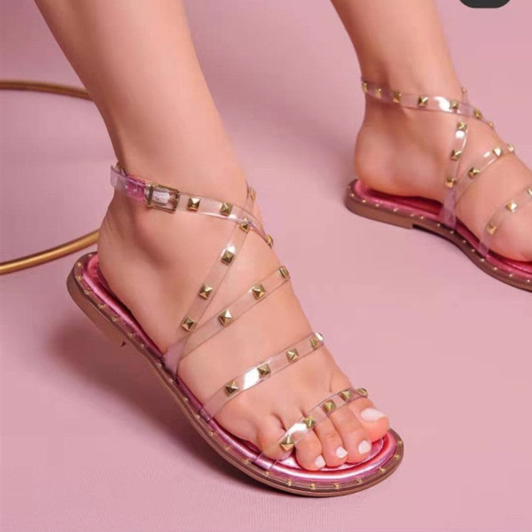 Foreign Trade Net Red Transparent Word Belt Sandals New Summer Rivet Roman Shoes Small Slope With High Heels Women