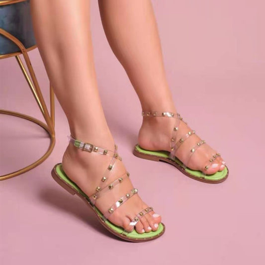 Foreign Trade Net Red Transparent Word Belt Sandals New Summer Rivet Roman Shoes Small Slope With High Heels Women