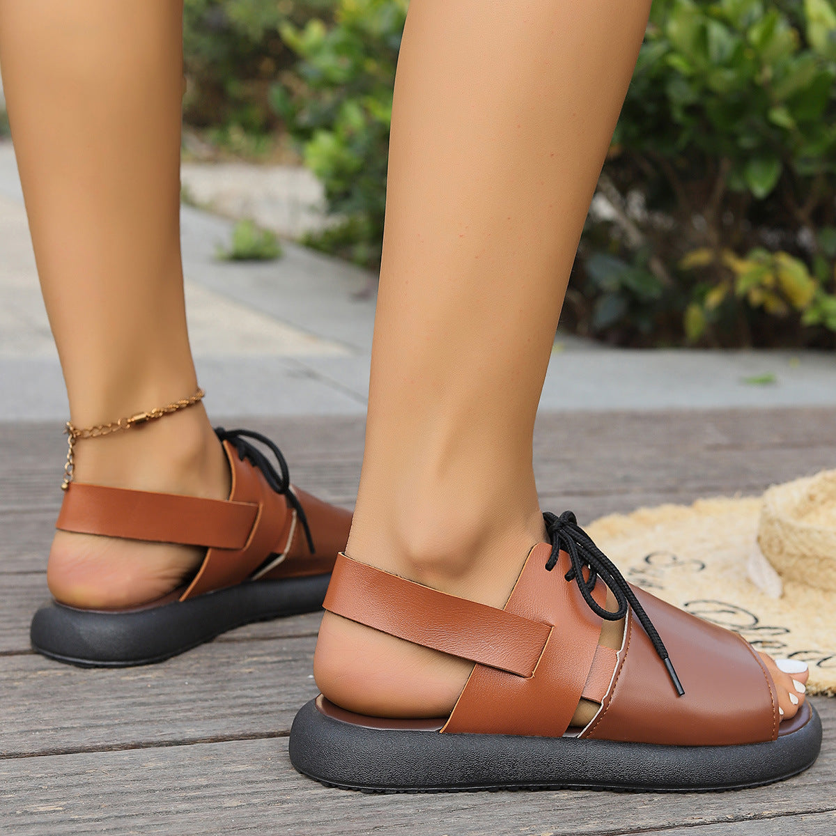 Color-block Lace-up Roman Sandals