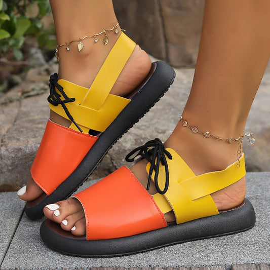 Color-block Lace-up Roman Sandals