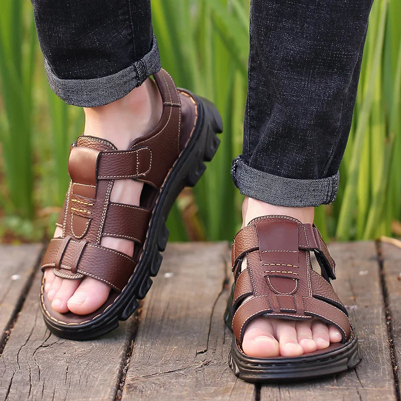 Loveontop Sandals Men's New Beach Shoes Cowhide Slippers Outdoor  Non-slip Thick-soled Leather Sandals for Me