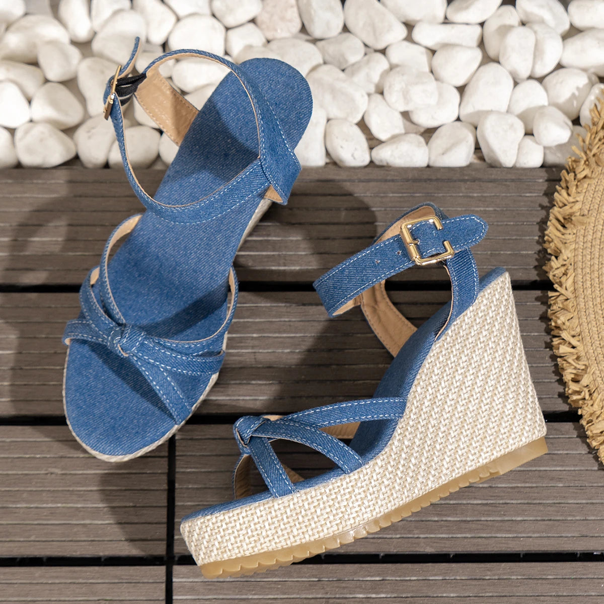 Ankle Strap Wedge Denim Super High Heels