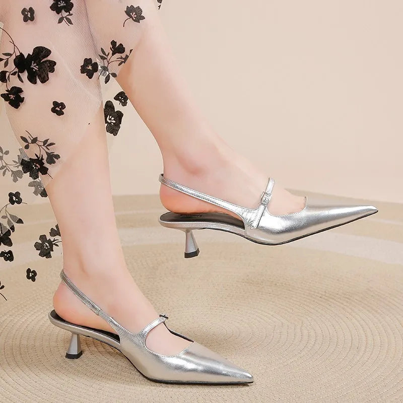 New Pointed Toe Women's Slingback Silver Heels