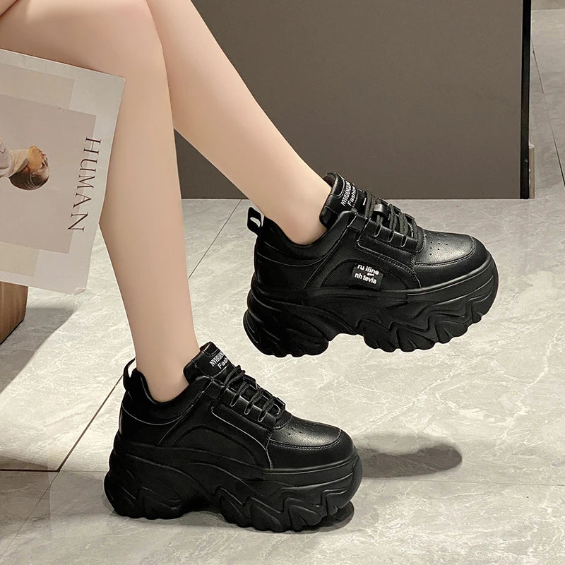 White and Black PU Leather Platform Sneakers for Women