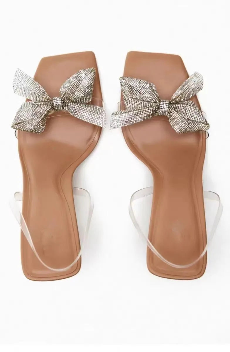 nsparent PVC Sandals with Bow and Square Toe