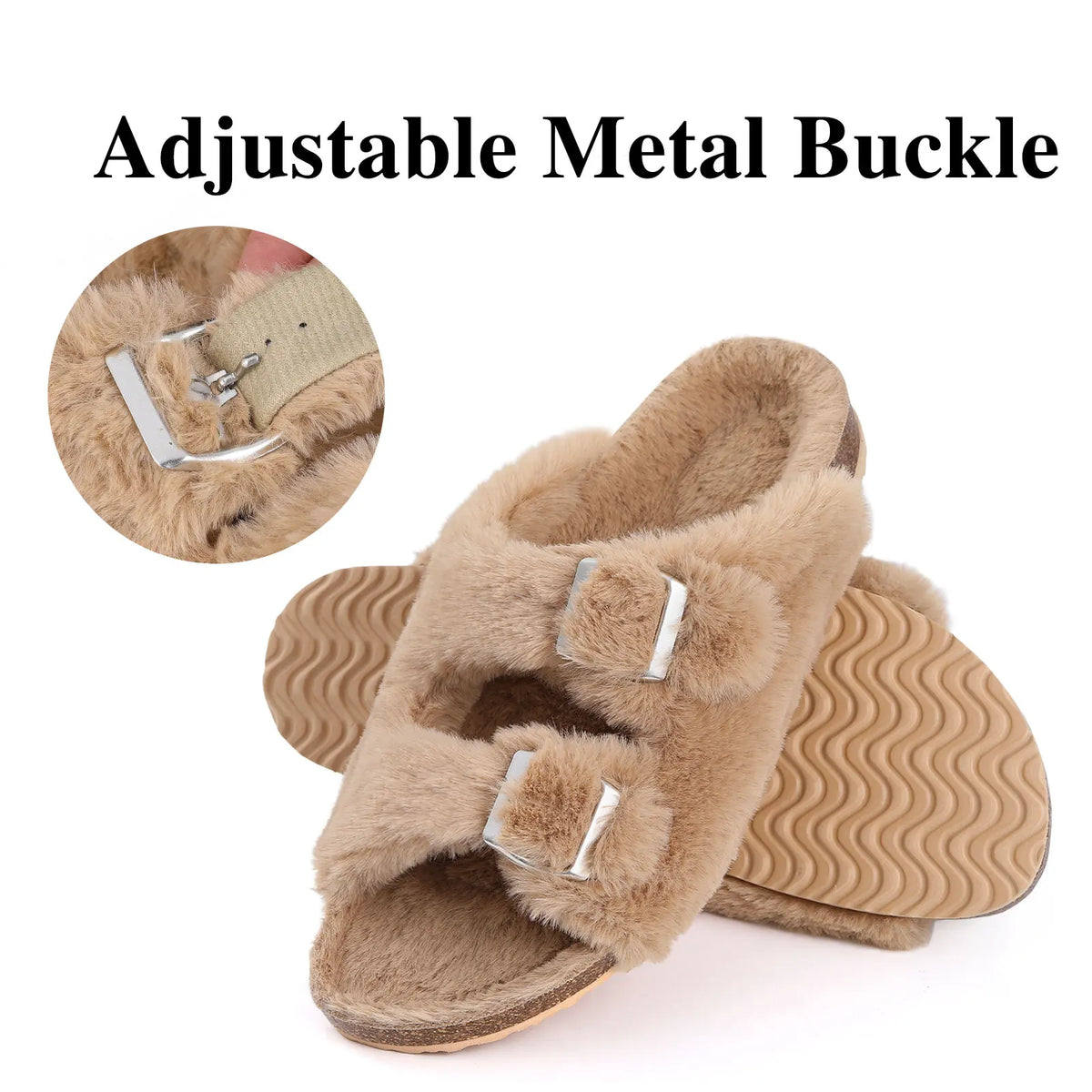 Women Cork Footbed Fluffy Slide Fuzzy Slippers