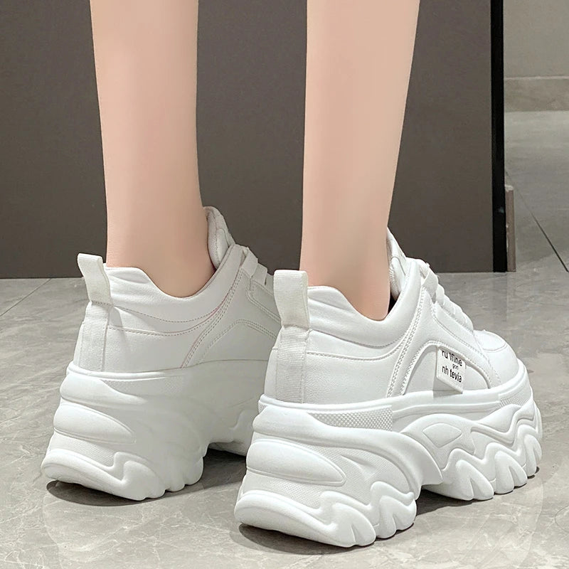 White and Black PU Leather Platform Sneakers for Women