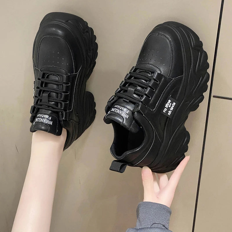 White and Black PU Leather Platform Sneakers for Women