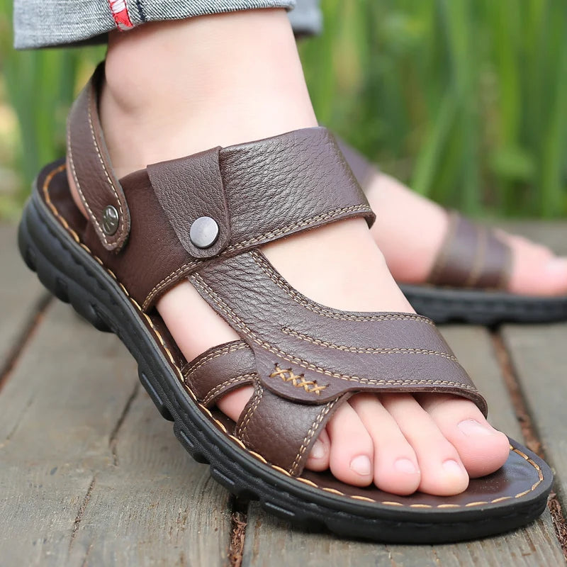 Summer Men's Genuine Leather Sandals Outdoor Roman Sandals Beach Anti slip Casual Lightweight Open Toe Middle Age Work Sandals