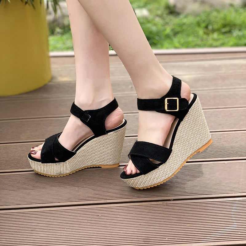 Fashionable Wedge Sandals for Women 2024 Summer New Large Size Round Toe Open Toe Cross One-word Buckle Thick-soled High Heels