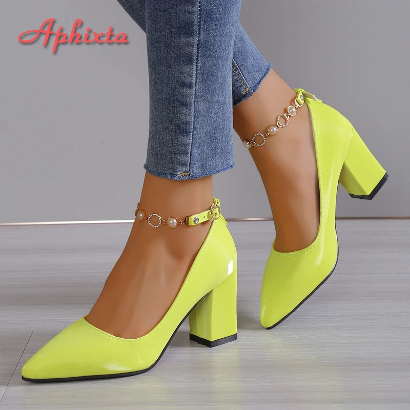 Rhinestone Pearl Chain Chunky Heels