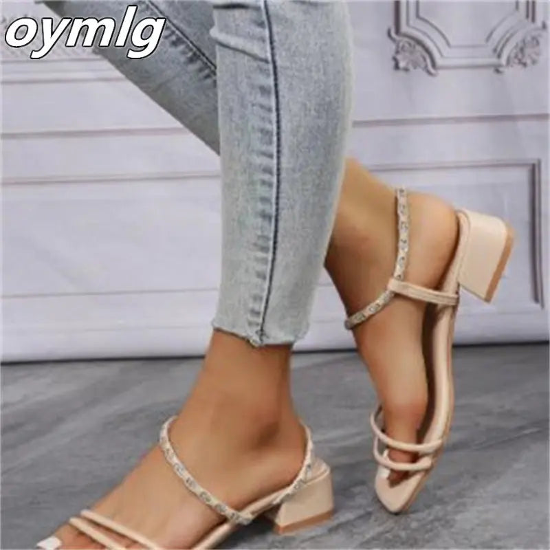 Fashion Rhinestone Square Head Thick Heel