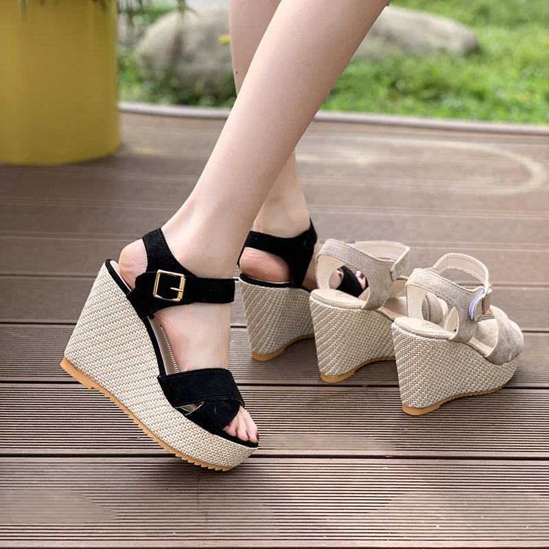 Fashionable Wedge Sandals for Women 2024 Summer New Large Size Round Toe Open Toe Cross One-word Buckle Thick-soled High Heels