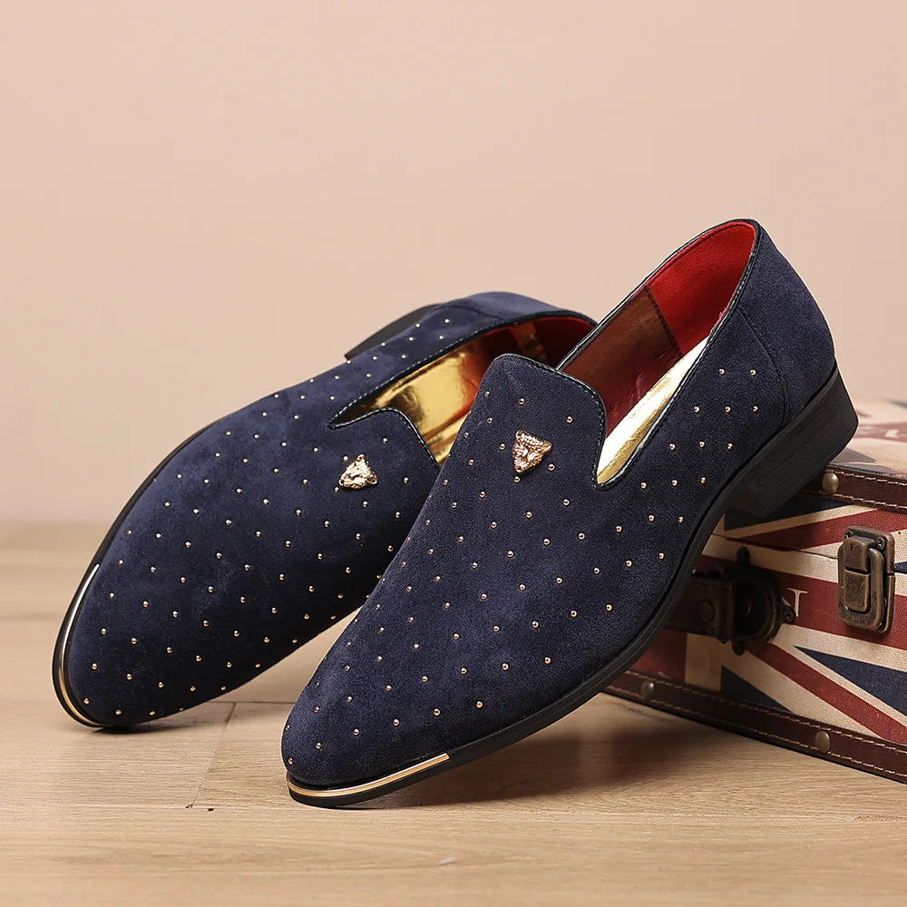 Men Loafers Suede Leather Slip-on Rivets Moccasins Men's Casual Shoes Outdoor Light Comfortable Driving Flats EU Sizes 39-48