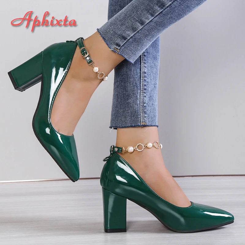 Rhinestone Pearl Chain Chunky Heels