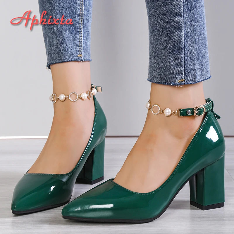 Rhinestone Pearl Chain Chunky Heels