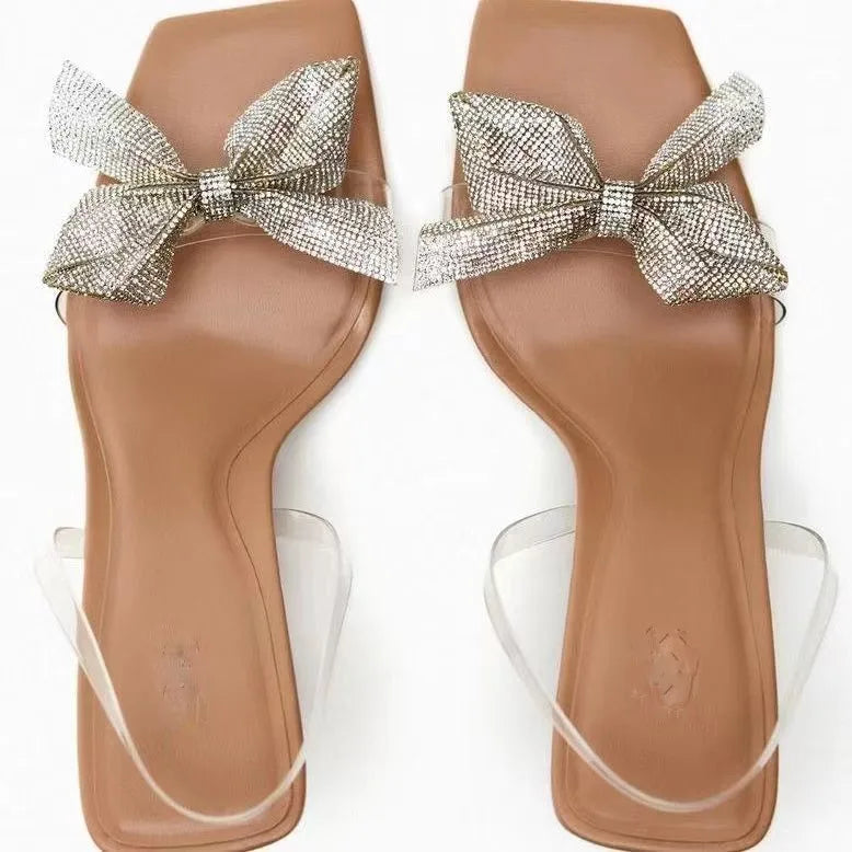 nsparent PVC Sandals with Bow and Square Toe