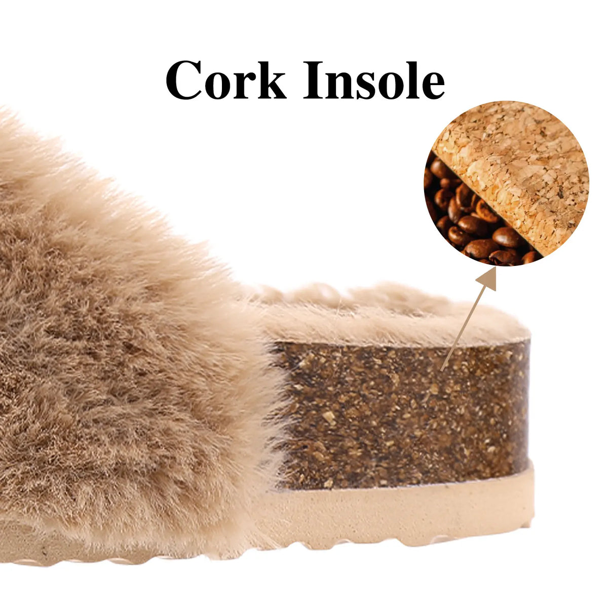 Women Cork Footbed Fluffy Slide Fuzzy Slippers