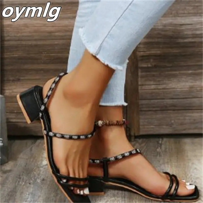 Fashion Rhinestone Square Head Thick Heel