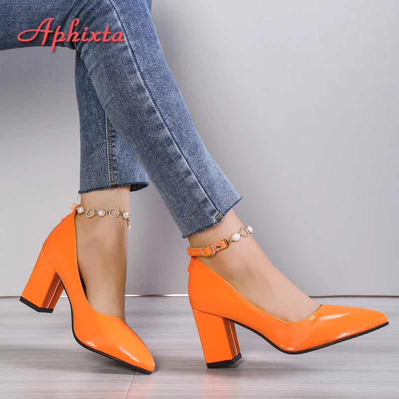 Rhinestone Pearl Chain Chunky Heels