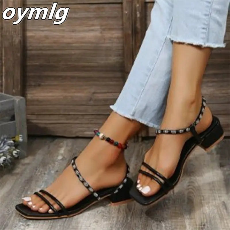 Fashion Rhinestone Square Head Thick Heel