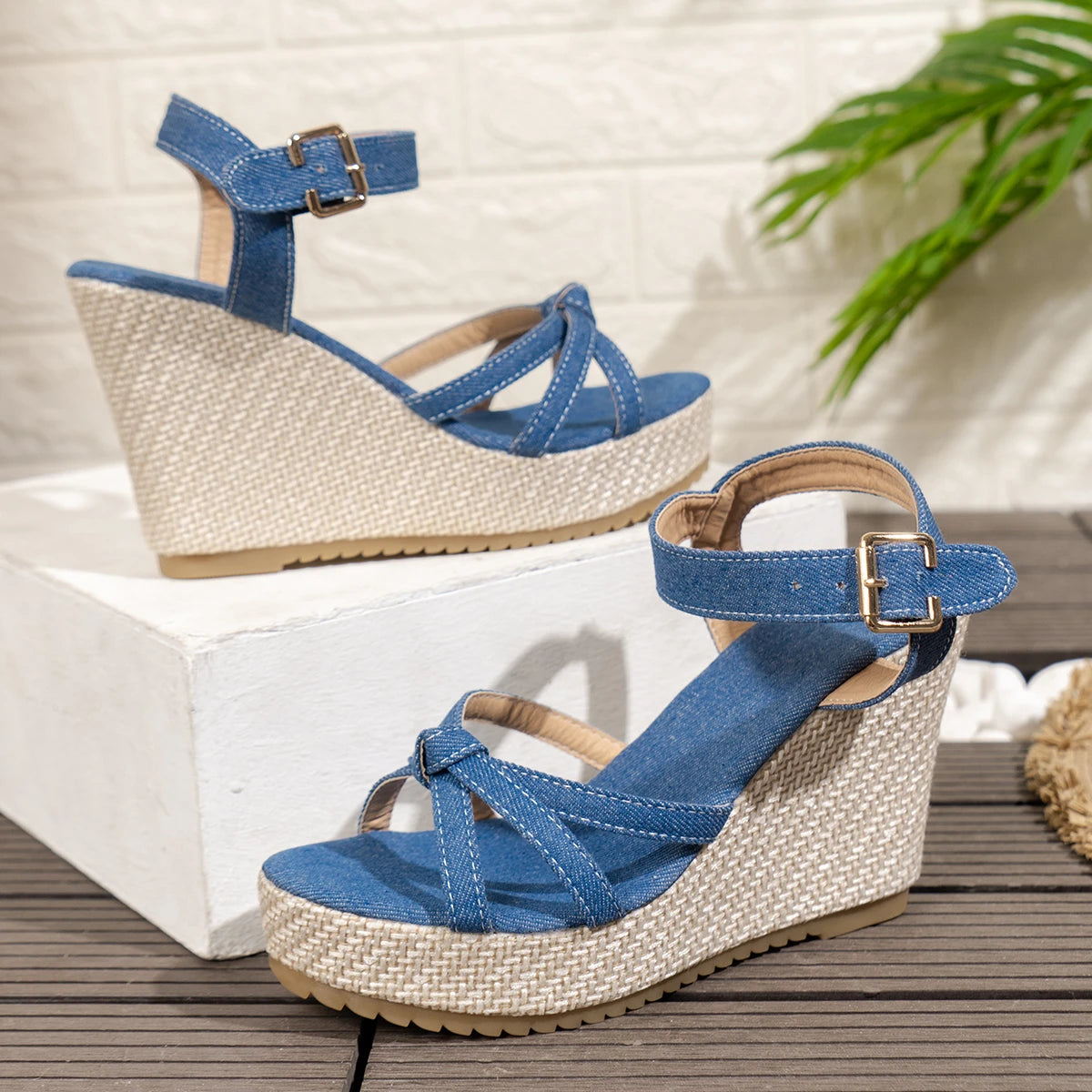 Ankle Strap Wedge Denim Super High Heels