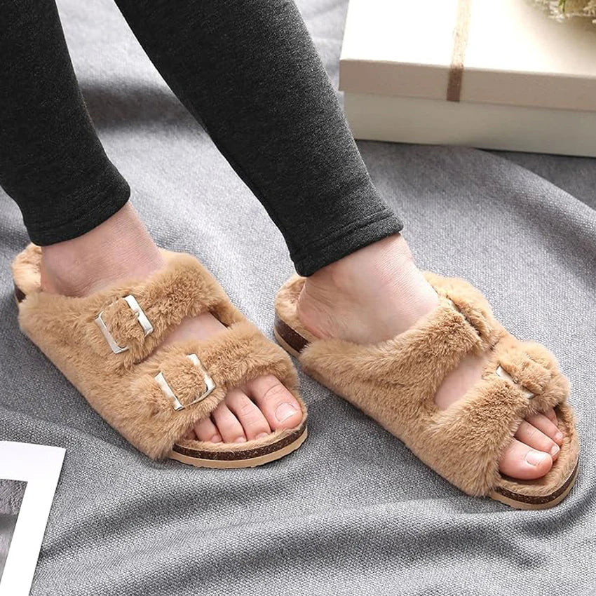 Women Cork Footbed Fluffy Slide Fuzzy Slippers