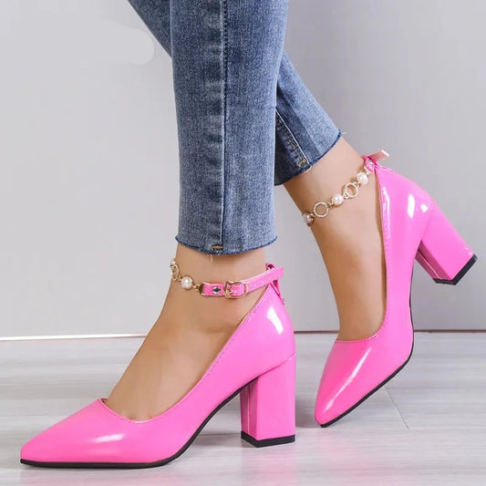 Rhinestone Pearl Chain Chunky Heels