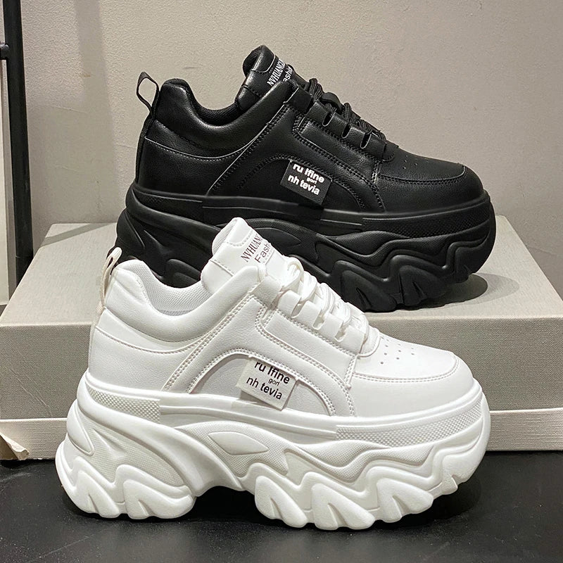 White and Black PU Leather Platform Sneakers for Women