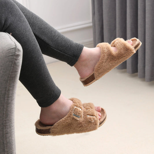 Women Cork Footbed Fluffy Slide Fuzzy Slippers
