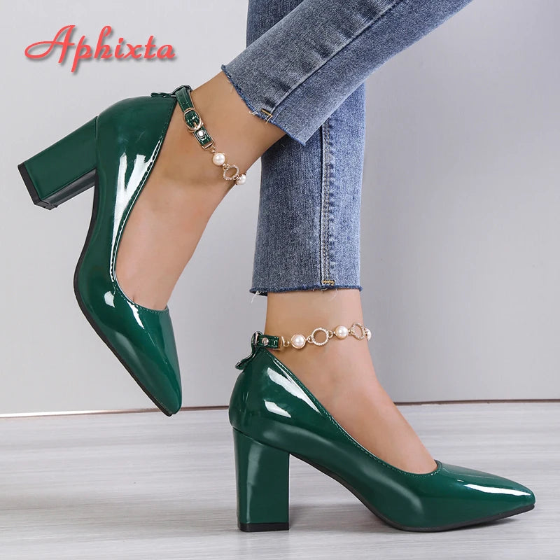 Rhinestone Pearl Chain Chunky Heels