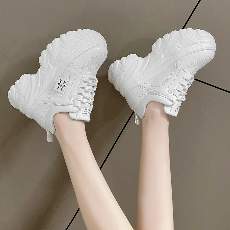 White and Black PU Leather Platform Sneakers for Women