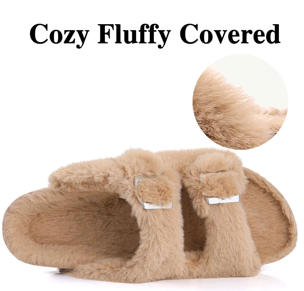 Women Cork Footbed Fluffy Slide Fuzzy Slippers