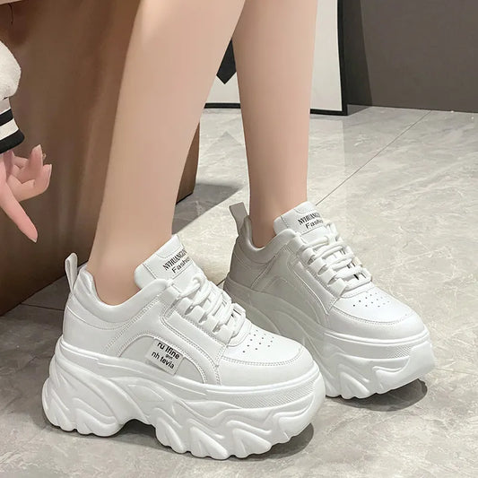 White and Black PU Leather Platform Sneakers for Women