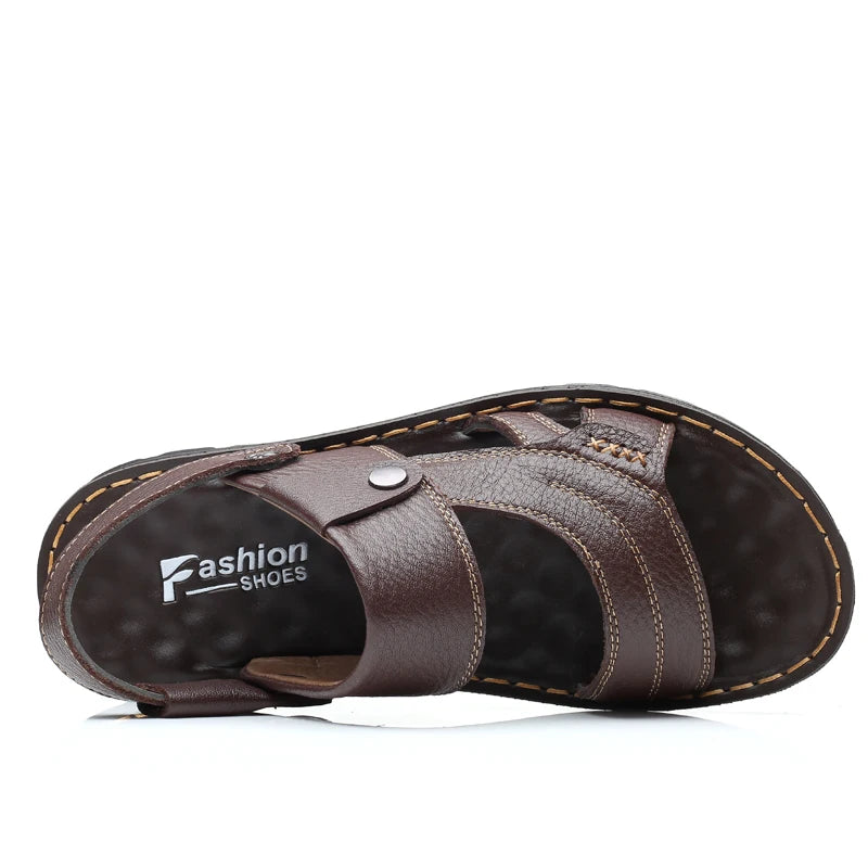 Summer Men's Genuine Leather Sandals Outdoor Roman Sandals Beach Anti slip Casual Lightweight Open Toe Middle Age Work Sandals